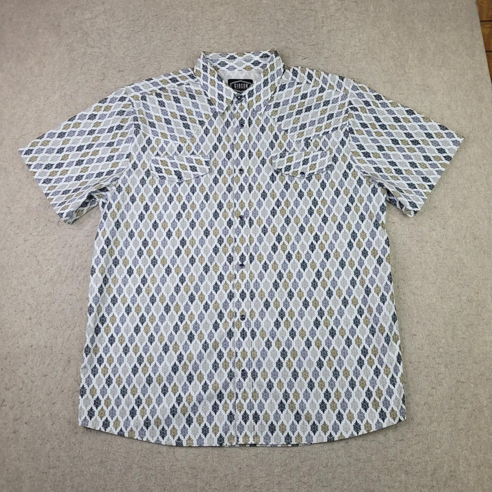 Gibson Pearl Snap Shirt Mens XL Gray Geometric Western Pockets Short Sleeve